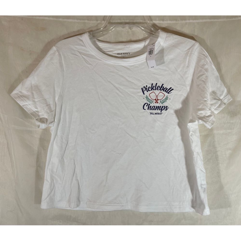 Pickleball Champs 'Dill With It' Graphic Crop T-Shirt White Sports Casual Tee Md
